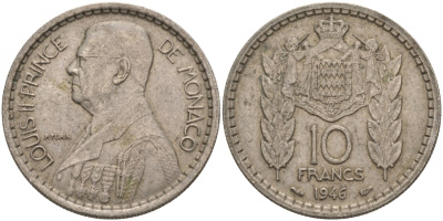 Монако 10 франков 1946 Луи II (1922-1949) KM 123 медно-никель 73-1653
