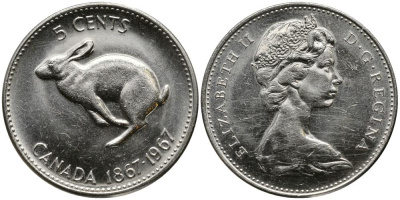 КАНАДА 5 ЦЕНТОВ 1967 100 ЛЕТ КОНФЕДЕРАЦИИ, ЗАЯЦ, ЕЛИЗАВЕТА II (1952-), ПРОБА 800 KM 66 никель 3336-241