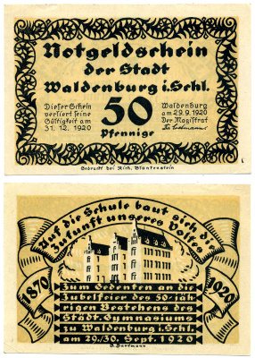 ВАЛЬДЕНБУРГ 50 ПФЕННИГОВ 1920 29 СЕНТЯБРЯ 1920 - 31 ДЕКАБРЯ 1920, НОТГЕЛЬД, ЗЕМЛЯ СИЛЕЗИЯ Grabowski 1371.8 бумага 2193-17-3-1