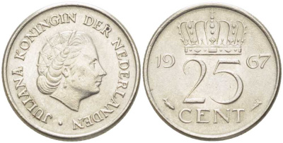 НИДЕРЛАНДЫ 25 ЦЕНТОВ 1967 ЮЛИАНА (1948-1980) KM 183 никель 214-947