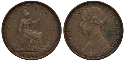 Великобритания 1 фартинг 1866 Виктория (1837-1901) KM 747.2, Spink 3958 бронза 1523-1234