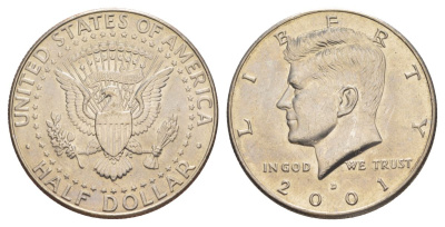 США 1/2 доллара (50 центов) 2001 D, Джон Кеннеди KM A202b медь плакированная медно-никелем aUNC 4517-326