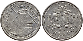 Барбадос 25 центов 1994 ветряная мельница Моргана Льюиса KM 13 медно-никель 4398-434