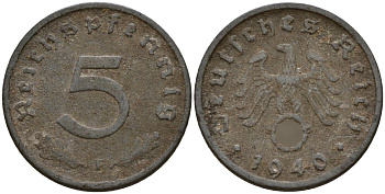 Германия 5 рейхспфеннигов 1940 F KM 100, J.370 цинк 4173-915