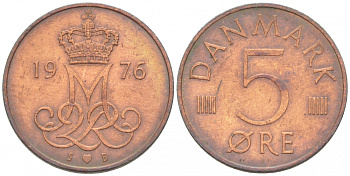 Дания 5 эре 1976 S; B, Маргрете II (1972- ) KM 859.1 железо плакированное медью 3309-123
