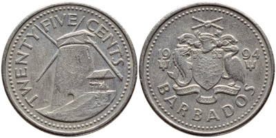 Барбадос 25 центов 1994 ветряная мельница Моргана Льюиса KM 13 медно-никель 4398-434