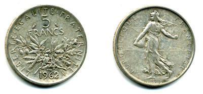 Франция 5 франков 1962 сеятель KM 926, LE FRANC 340.6 серебро 37-853