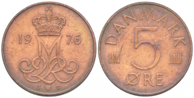 Дания 5 эре 1976 S; B, Маргрете II (1972- ) KM 859.1 железо плакированное медью 3309-123