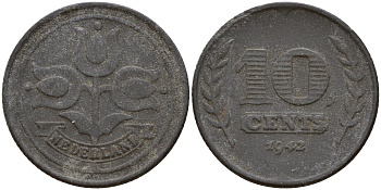Нидерланды 10 центов 1942 Вильгельмина I (1890-1948) KM 173 цинк    4601-1043