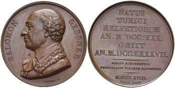 ФРАНЦИЯ МЕДАЛЬ ND СОЛОМОН ГЕССНЕР (1730-1787) ШВЕЙЦАРСКАИЙ ХУДОЖНИК И ПОЭТ, ДИАМЕТР 41 ММ., МЕДАЛЬЕР VIVIER бронза 1088-2-11