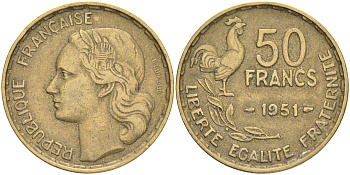 ФРАНЦИЯ 50 ФРАНКОВ 1951 ПЕТУХ KM 918.1, LE FRANC 425.5 алюминиевая бронза 189-314