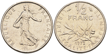 Франция 1/2 франка 1972 сеятель KM 931.1, LE FRANC 198.11 никель    4169-153
