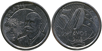Бразилия 50 сентаво 2013 KM 651a, Schon 159a, Bentes 780 нержавеющая сталь 4523-613