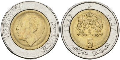 Марокко 5 дирхамов 1987 AH1407 Y 82 биметалл UNC 4595-126