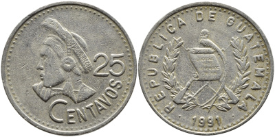 Гватемала 25 сентаво 1991 большая голова, Республика Гватемала KM 278.5 медно-никель 4389-423