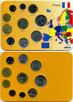 Франция набор из 10 монет 1967-2000 в картонном буклете 3-6-2-39