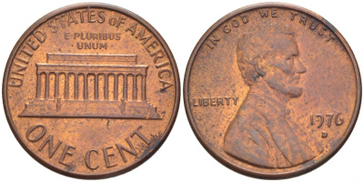 США 1 ЦЕНТ 1976 D, ЛИНКОЛЬН KM 201 медь цинк UNC 3309-247