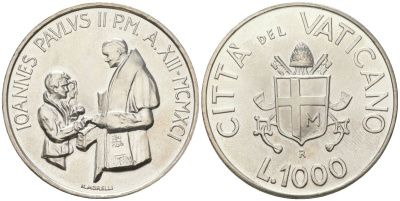 Ватикан 1000 лир 1991 Иоанн Павел II (1978-2005) KM 234 серебро UNC 32-1236