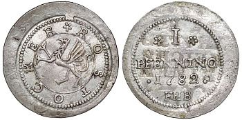 Росток 1 пфенниг 1782 FHB, надчеканка на 1/12 талера 1764, вес 3,7 гр, диаметр 24,5 мм, редчайший экземпляр KM Pn2 серебро    00-811-13