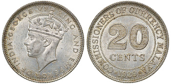 Британская Малайя 20 центов 1939 Георг VI (1937-1952) KM 5 серебро 53-346