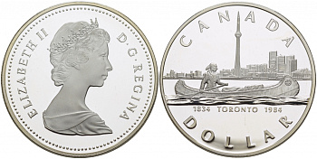 Канада 1 доллар 1984 150 лет Торонто, каноэ KM 140 серебро PROOF 1099-2-34