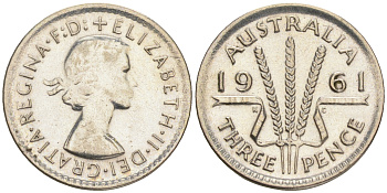 Австралия 3 пенса 1961 m, Елизавета II (1952-2022) KM 57 серебро 192-115