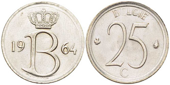Бельгия 25 сантимов 1964 Belgie, Бодуэн I (1951-1993) KM 154.1 медно-никель 201-1249