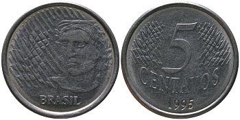 Бразилия 5 сентаво 1995 KM 632, Schon 141 нержавеющая сталь 4519-631