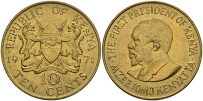 Кения 10 центов 1971 Джомо Кениата KM 11 никель латунь aUNC 4599-1244