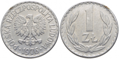 ПОЛЬША 1 ЗЛОТЫЙ 1976 КРЕМНИЦА KM 49.1 алюминий 4448-255