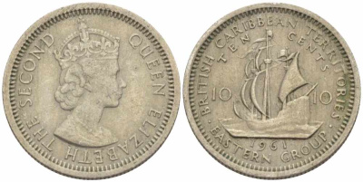 Британские Восточно-Карибские территории 10 центов 1961 Елизавета II (1952-2022), парусник KM 5 медно-никель 105-523