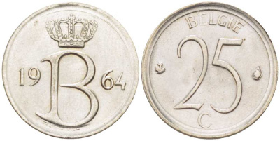 Бельгия 25 сантимов 1964 Belgie, Бодуэн I (1951-1993) KM 154.1 медно-никель 201-1249