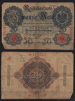 Германия 20 марок 1910 Pick 40 a бумага 6293-54-2-2