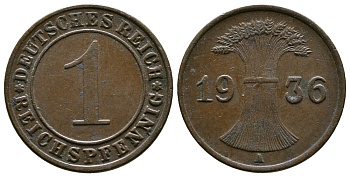 Германия 1 рейхспфенниг 1936 A KM 37, J. 313 бронза 220-158