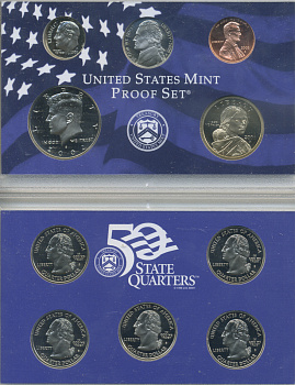 США 2 набора в одном 2002 S, два пруфсета в пластиковых коробках, регулярный чекан и 5 квотеров штаты, в оригинальной коробке с сертификатом PROOF 00-00