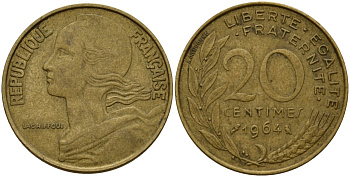 Франция 20 сантимов 1964 KM 930 алюминиевая бронза 4156-656