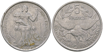 Французская Новая Каледония 5 франков 1952 птица кагу, (IEOM) KM 4, Schoen 4, Lec 71 алюминий 180-316