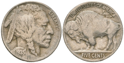 США 5 центов 1935 индеец, бизон KM 134 медно-никель 4614-1165