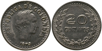 Колумбия 20 сентаво 1973 KM 246.1 сталь плакированная никелем 4529-757