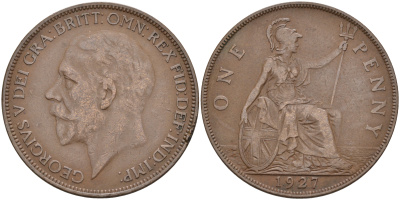 Великобритания 1 пенни 1927 Георг V (1910-1936) КМ 826, Spink 4054 бронза 4590-1215