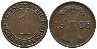 Германия 1 рейхспфенниг 1936 A KM 37, J. 313 бронза 220-158