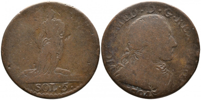 ФРАНЦИЯ, САРДИНИЯ 5 СОЛЬДИ 1794 ВИТОР АМЕДЕО III (1773-1796) KM 51 медь 28-933