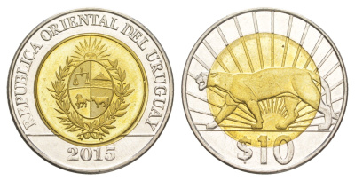 Уругвай 10 песо 2015 KM 134 биметалл UNC 4167-854