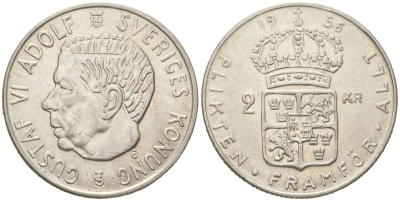 Швеция 2 кроны 1956 TS, Густав VI Адольф (1950-1973) KM 827 серебро aUNC 38-831