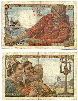 ФРАНЦИЯ 20 ФРАНКОВ 1949 10 МАРТА 1949 Pick 100с бумага 7207-23-1-2