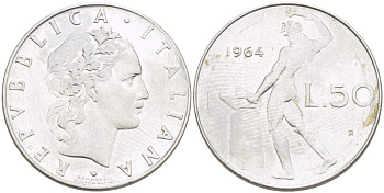 ИТАЛИЯ 50 ЛИР 1964 R, КУЗНЕЦ, ВУЛКАН БОГ ОГНЯ, ДИАМЕТР 25 ММ. KM 95.1 нержавеющая сталь 4402-612