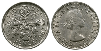 Великобритания 6 пенсов 1967 Елизавета II (1952-2022) KM 903, Spink 4149 медно-никель 4381-866