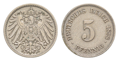 Германия 5 пфеннигов 1898 F, Вильгельм II (1888-1918) KM 11, J. 12 медно-никель 1528-1124
