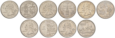 США годовой набор из 5 монет (25 центов, квотер, 1/4 доллара) серии квотеры 50 штатов 2000 Квотер штата Массачусетс, Мэриленд, Южная Каролина, Нью-Гэмпшир и Вирджиния KM 305, 306, 307, 308 и 309 медь плакированный медно-никелем UNC 4628-1131-1135