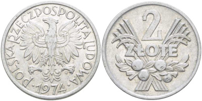 ПОЛЬША 2 ЗЛОТЫХ 1974 MW KM 46 алюминий 4402-113